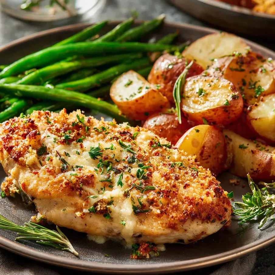 A plate of food with chicken, potatoes, and green beans.