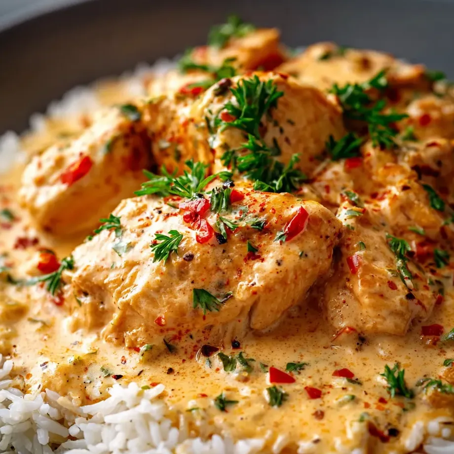 A dish of rice and meat with red peppers.
