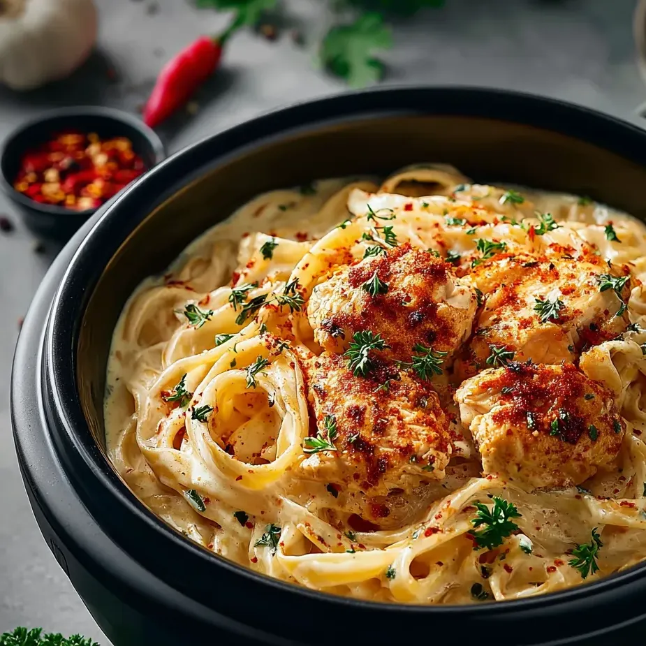 A bowl of pasta with chicken and peppers.