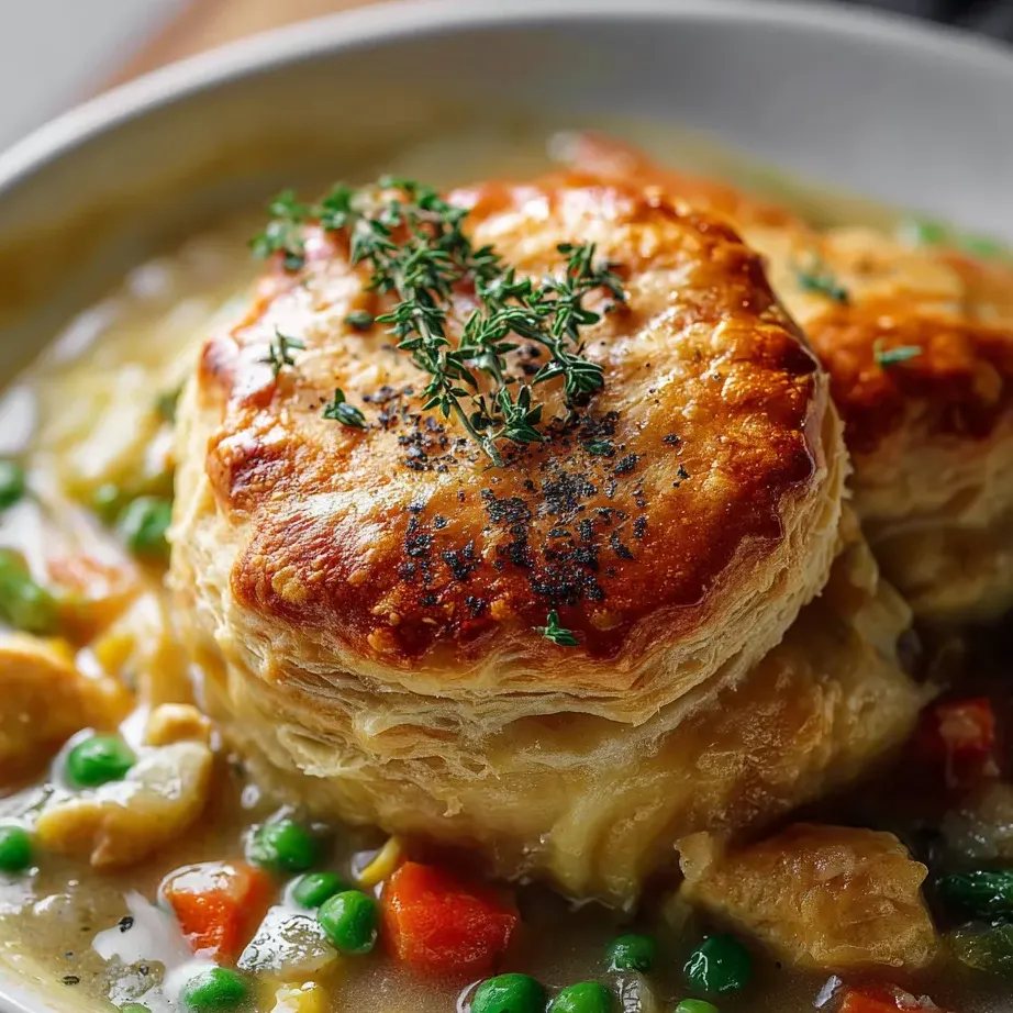 A bowl of soup with a pastry on top.