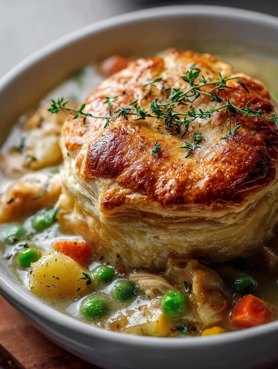 A bowl of soup with a pastry on top.