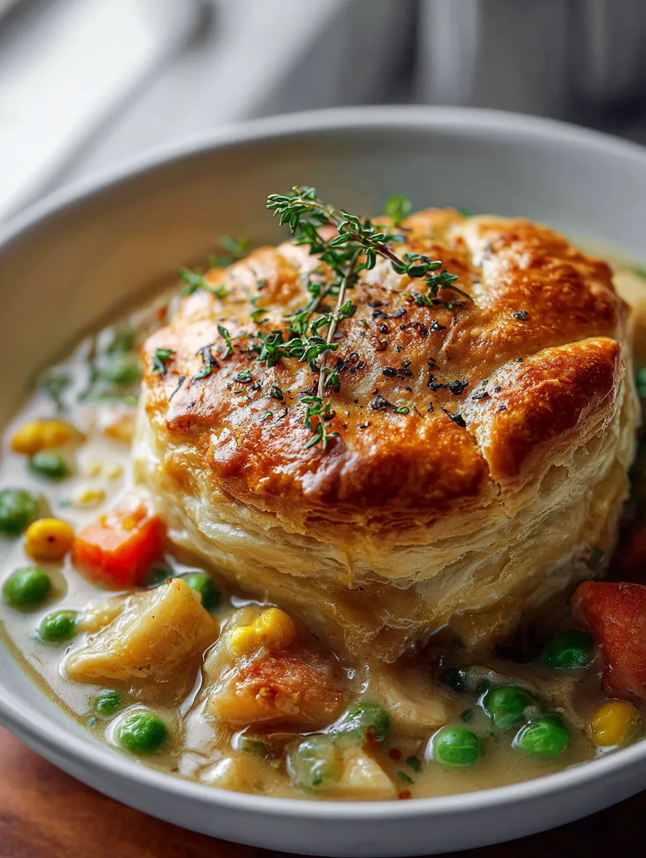 A bowl of soup with a pastry on top.