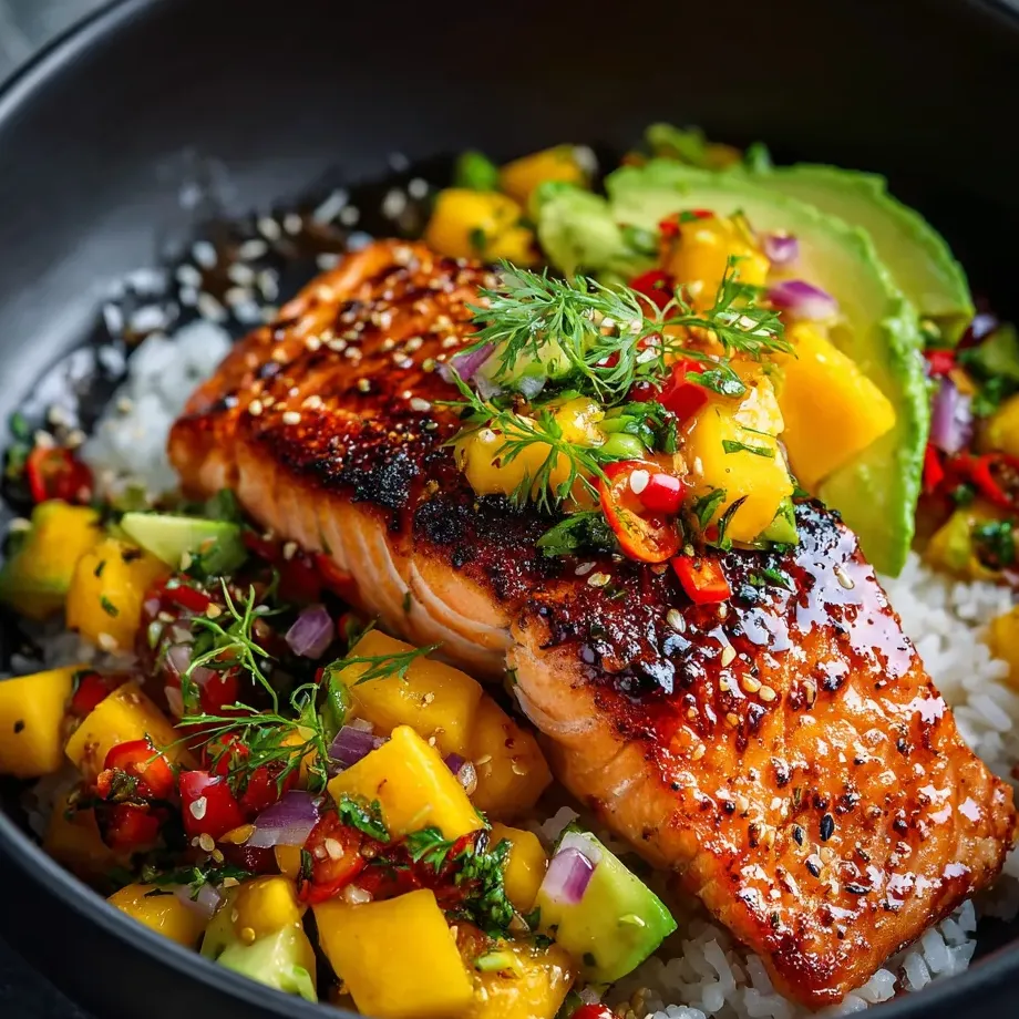 A bowl of food with fish and rice.