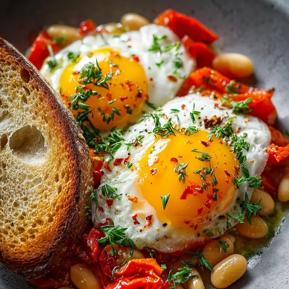 A plate of food with eggs, tomatoes, and beans.