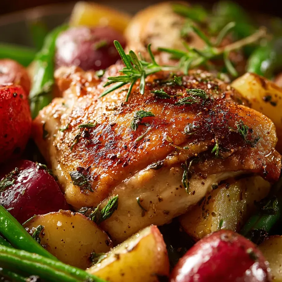 A plate of food with chicken, potatoes, and green beans.