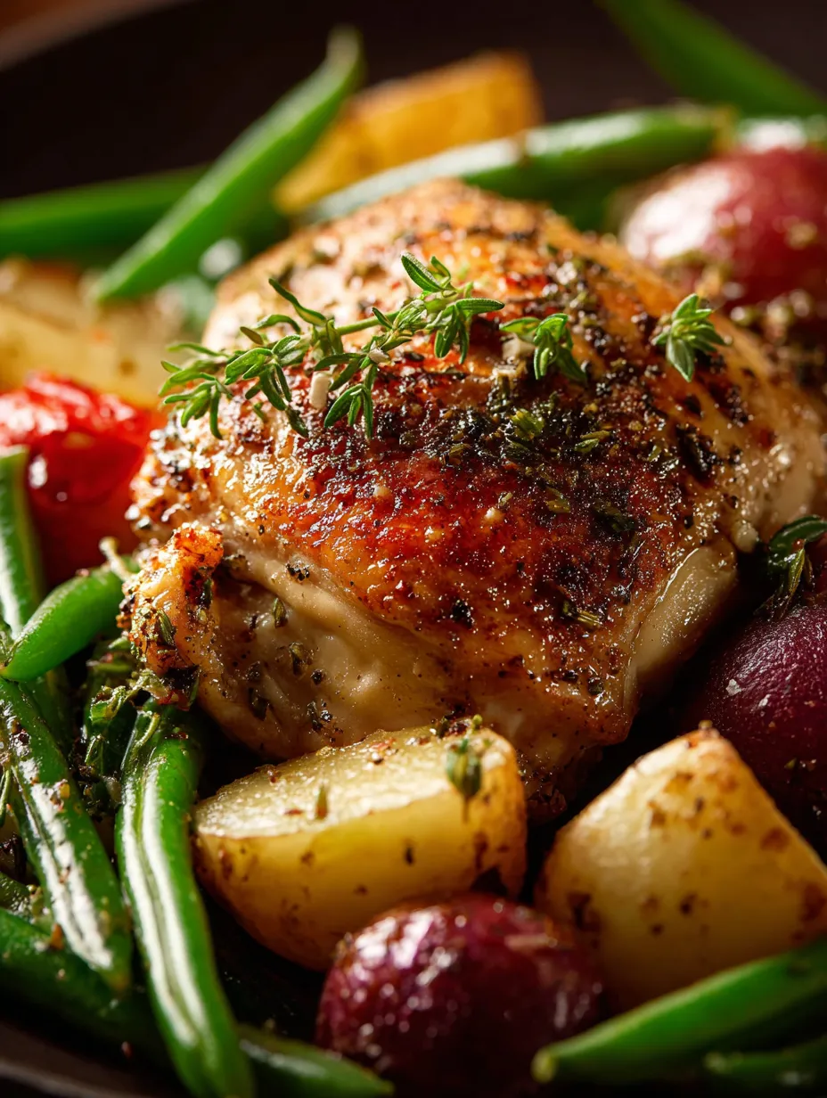 A plate of food with chicken, potatoes, and green beans.