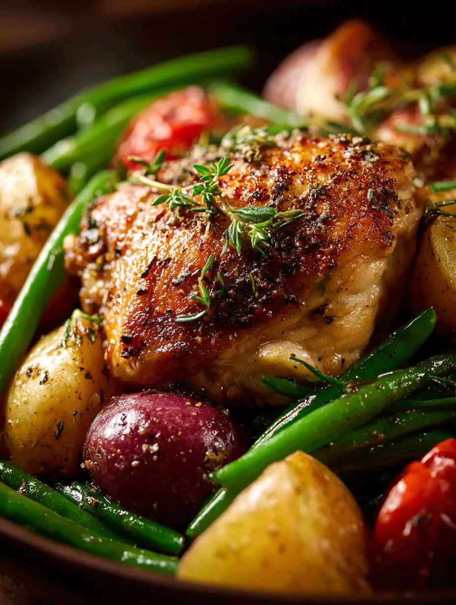 A plate of food with chicken, potatoes, green beans, and tomatoes.