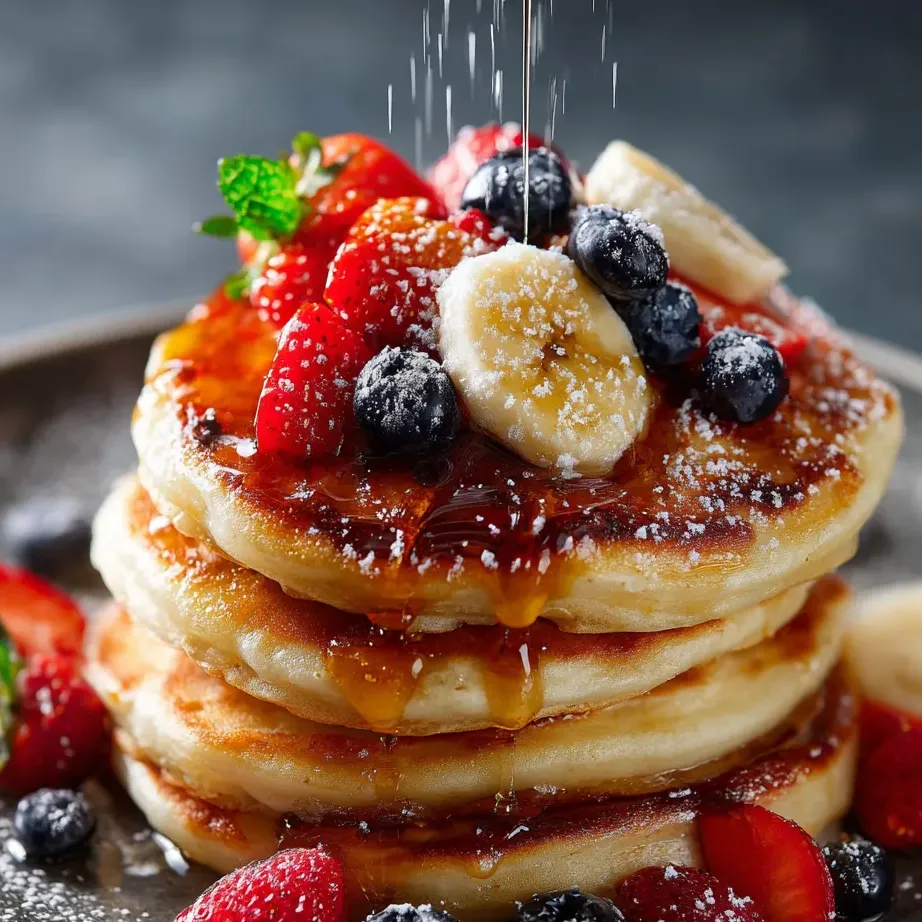 A stack of pancakes with strawberries and bananas on top.