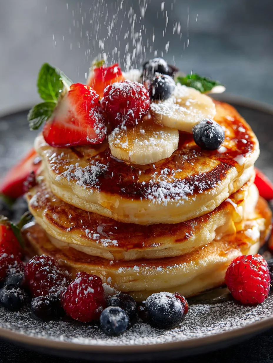 A stack of pancakes with fruit on top.