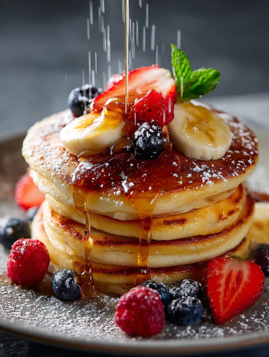 A stack of pancakes with fruit on top.
