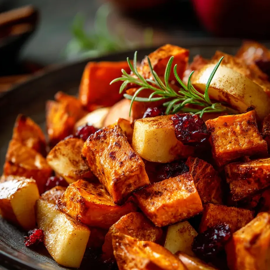 A bowl of food with a sprig of rosemary on top.