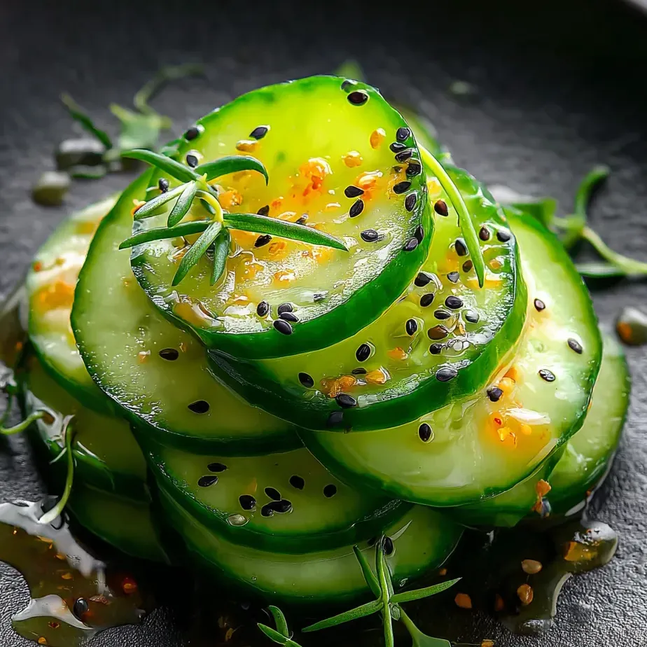 A stack of cucumber slices with seeds on a plate.