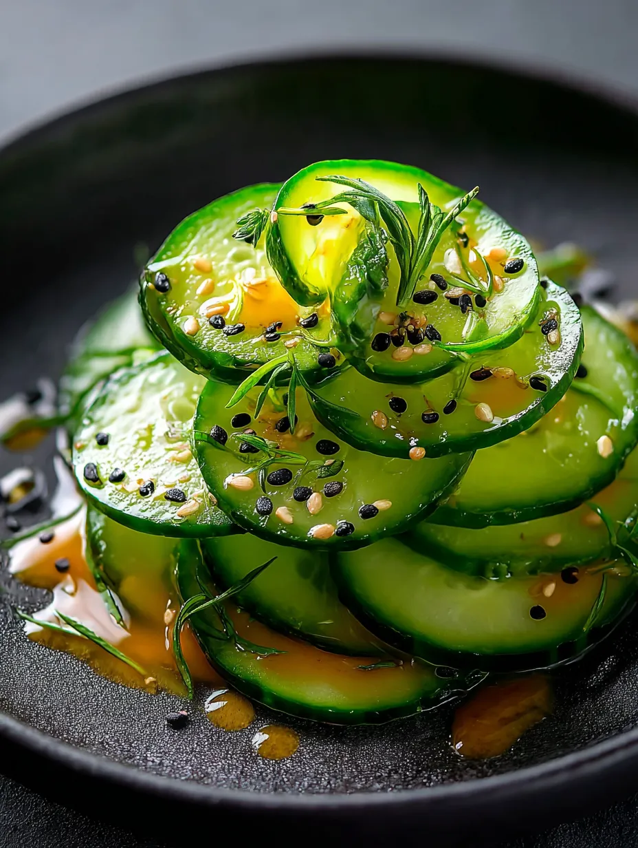 A plate of cucumber slices with sesame seeds.