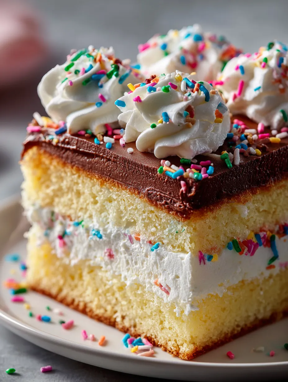 A slice of cake with white frosting and sprinkles.
