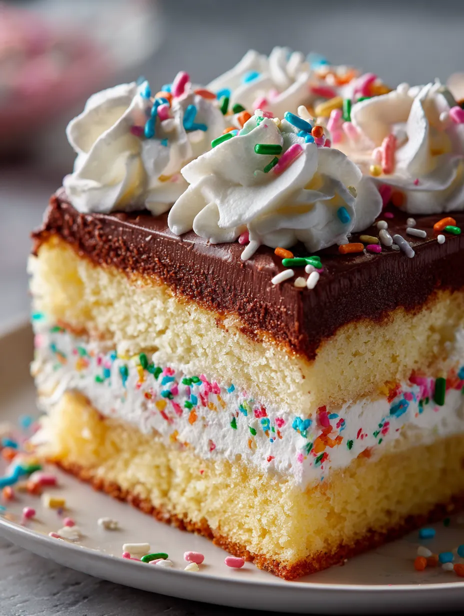 A slice of cake with white frosting and sprinkles.