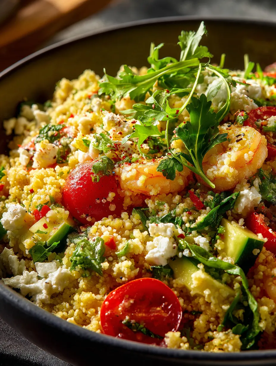 A bowl of food with tomatoes, cucumbers, and shrimp.