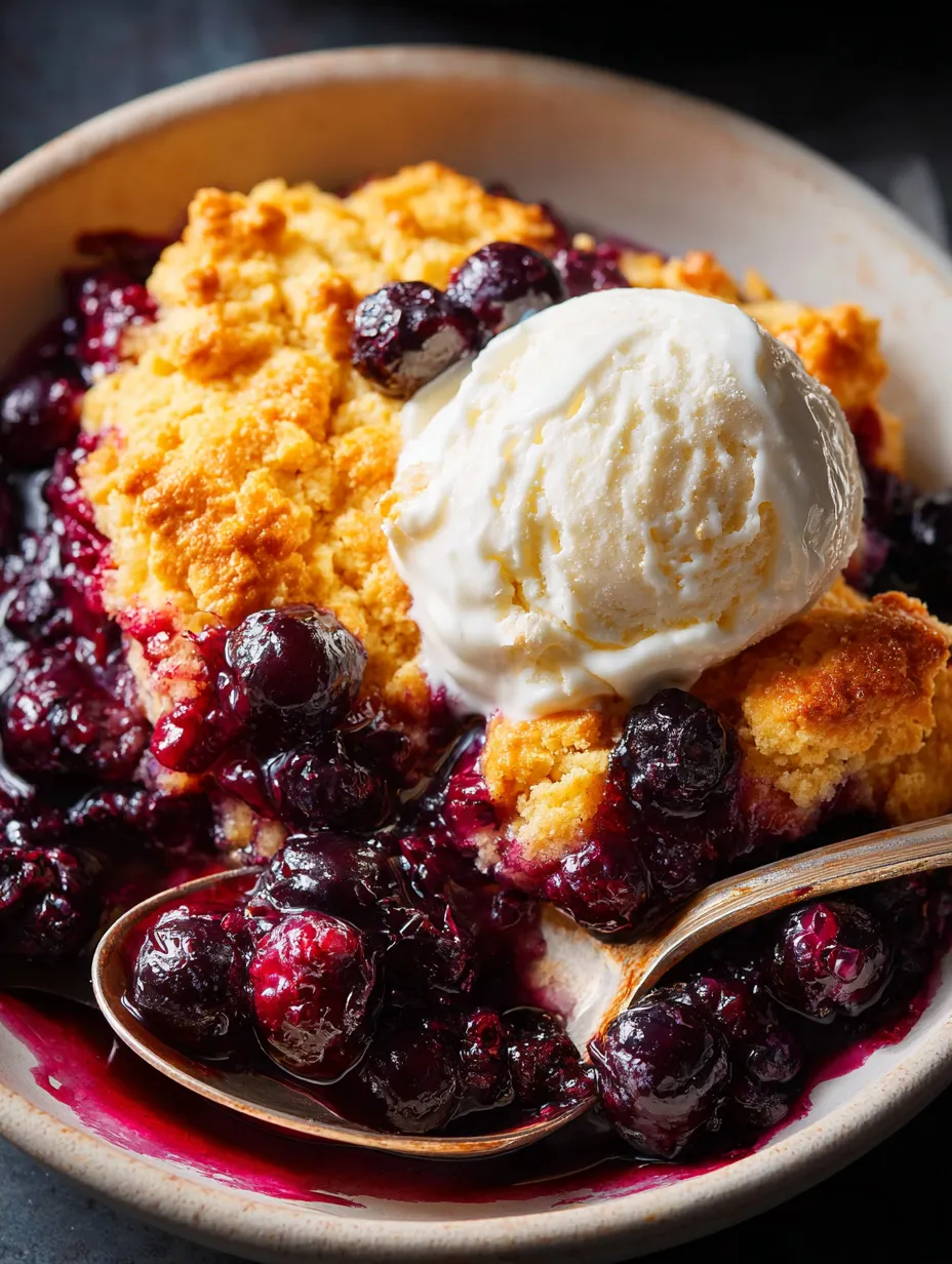 A bowl of berries with a scoop of ice cream on top.