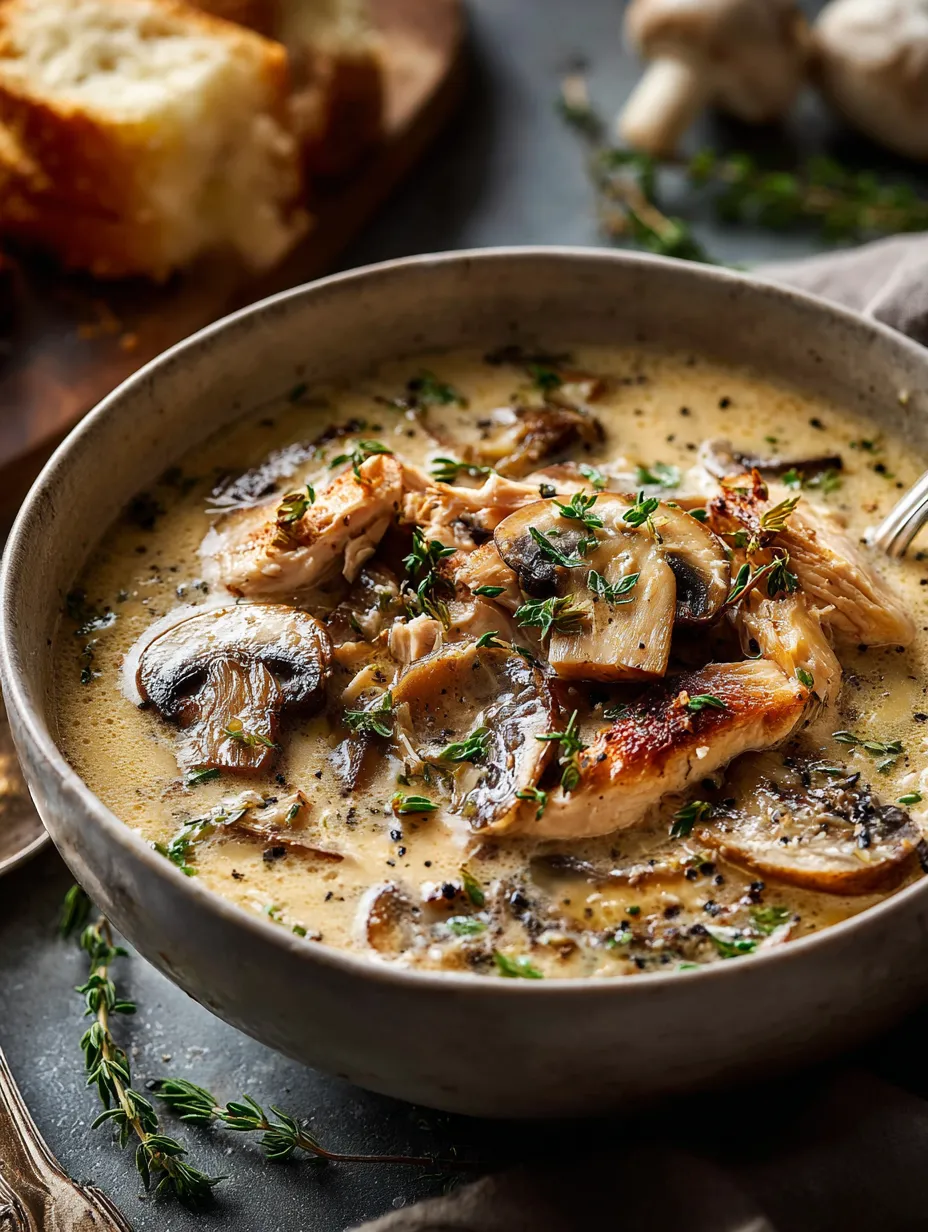 A bowl of soup with mushrooms and chicken.