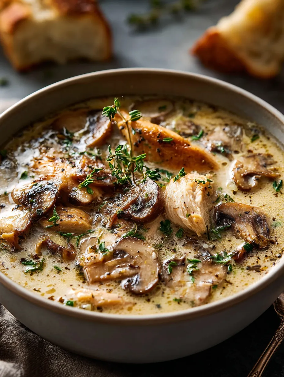 A bowl of soup with mushrooms and herbs.