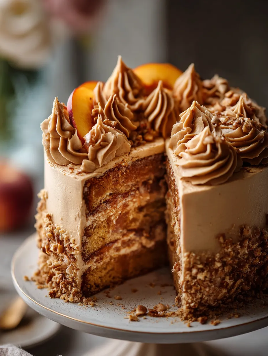 A slice of cake with peaches and whipped cream.