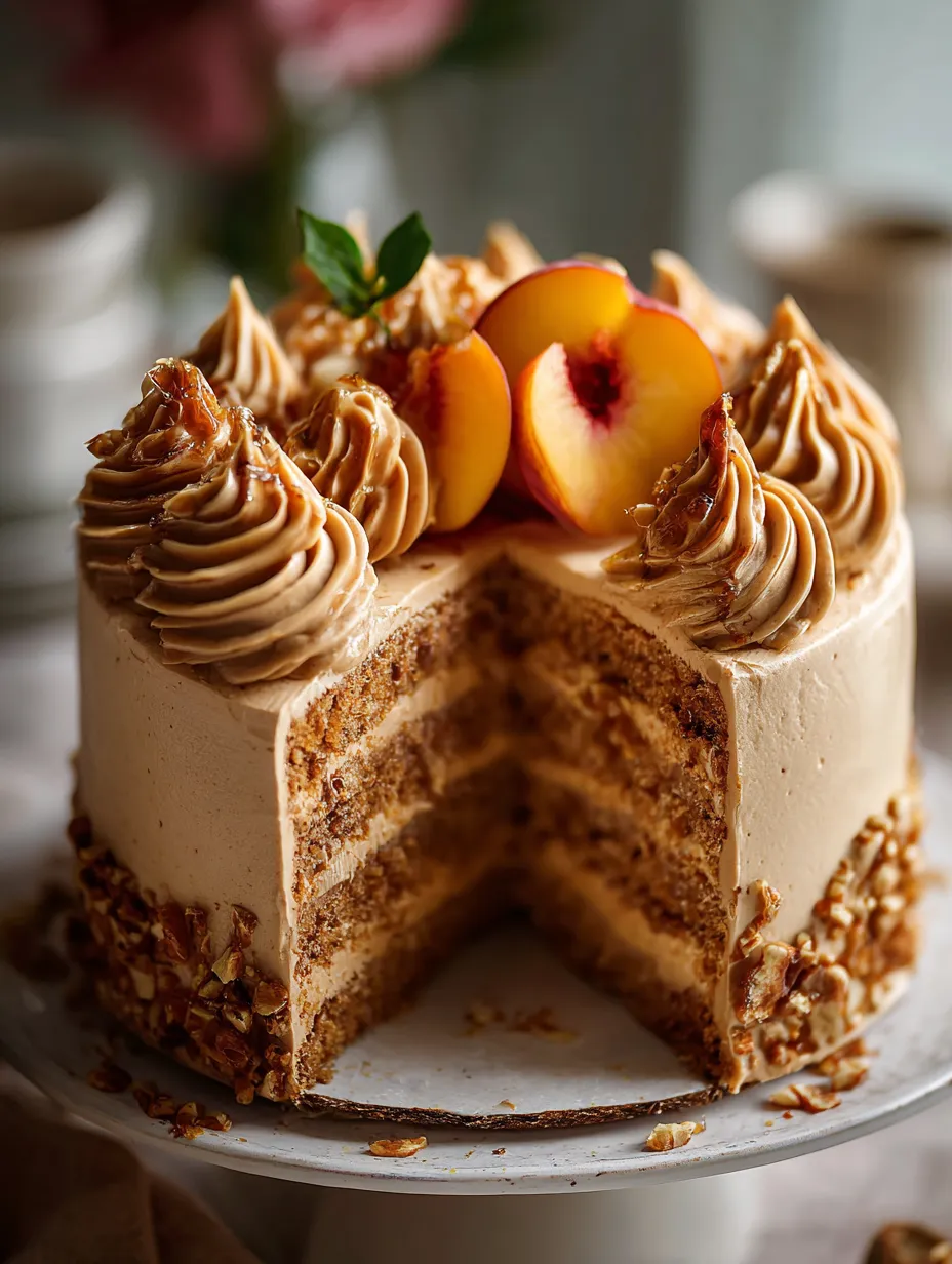 A slice of cake with peaches on top.