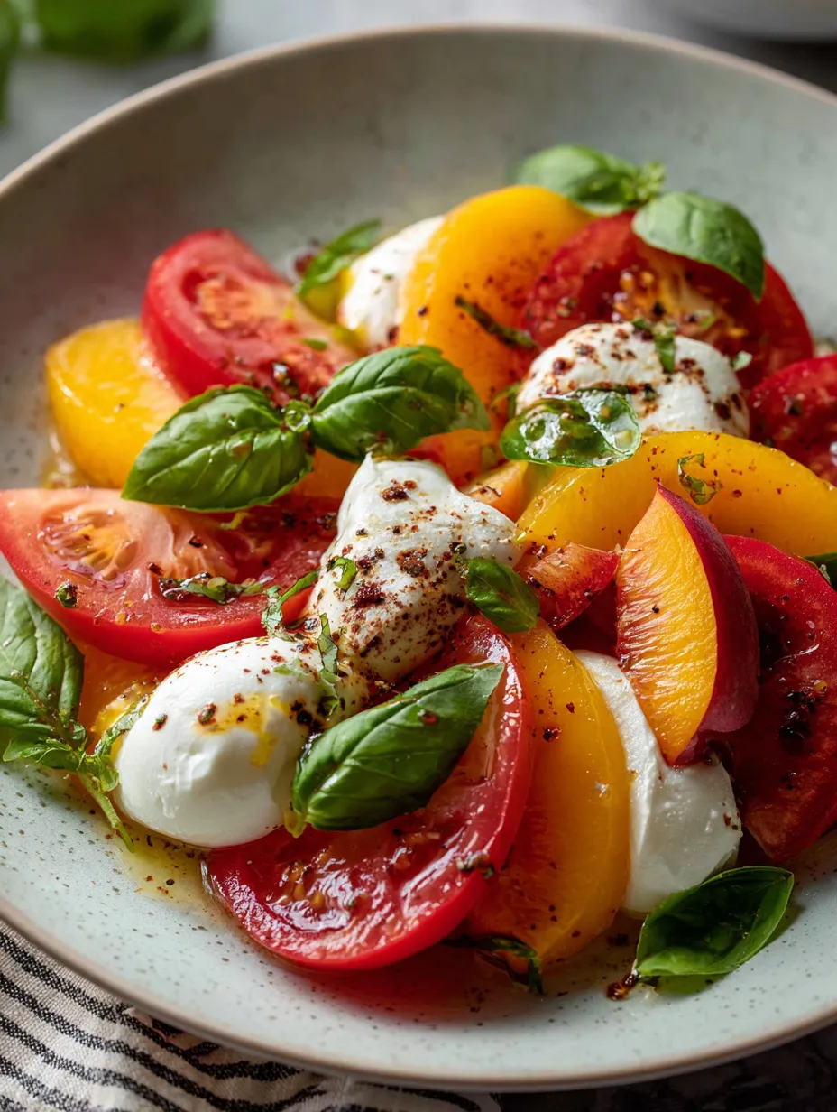 A bowl of food with tomatoes, cheese, and basil.