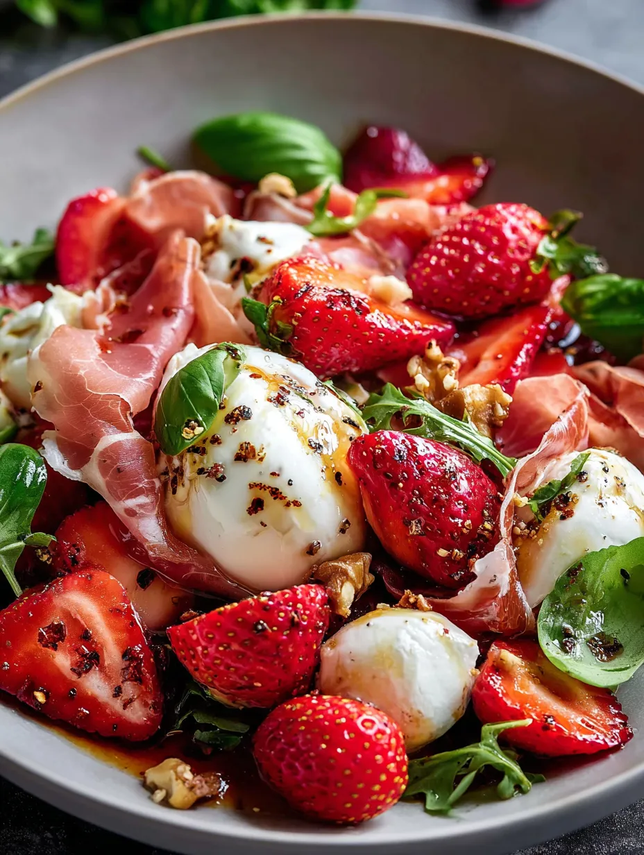 A plate of food with strawberries, cheese, and meat.