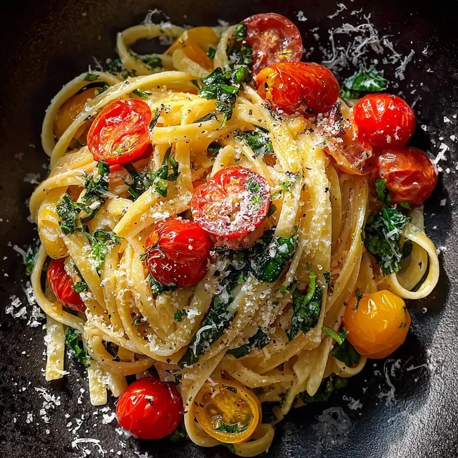 A bowl of pasta with tomatoes and basil.