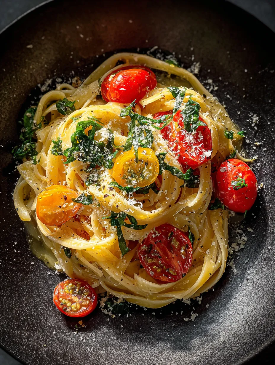 A bowl of pasta with tomatoes and basil.