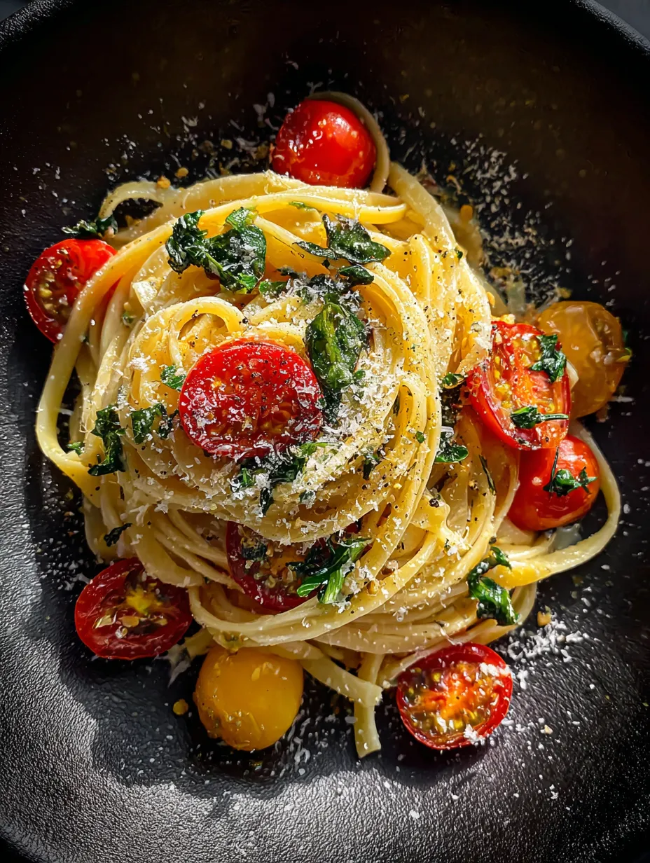 A bowl of pasta with tomatoes and basil.