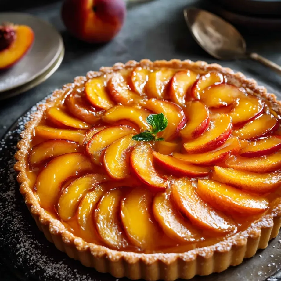 A peach pie with a leaf on top.