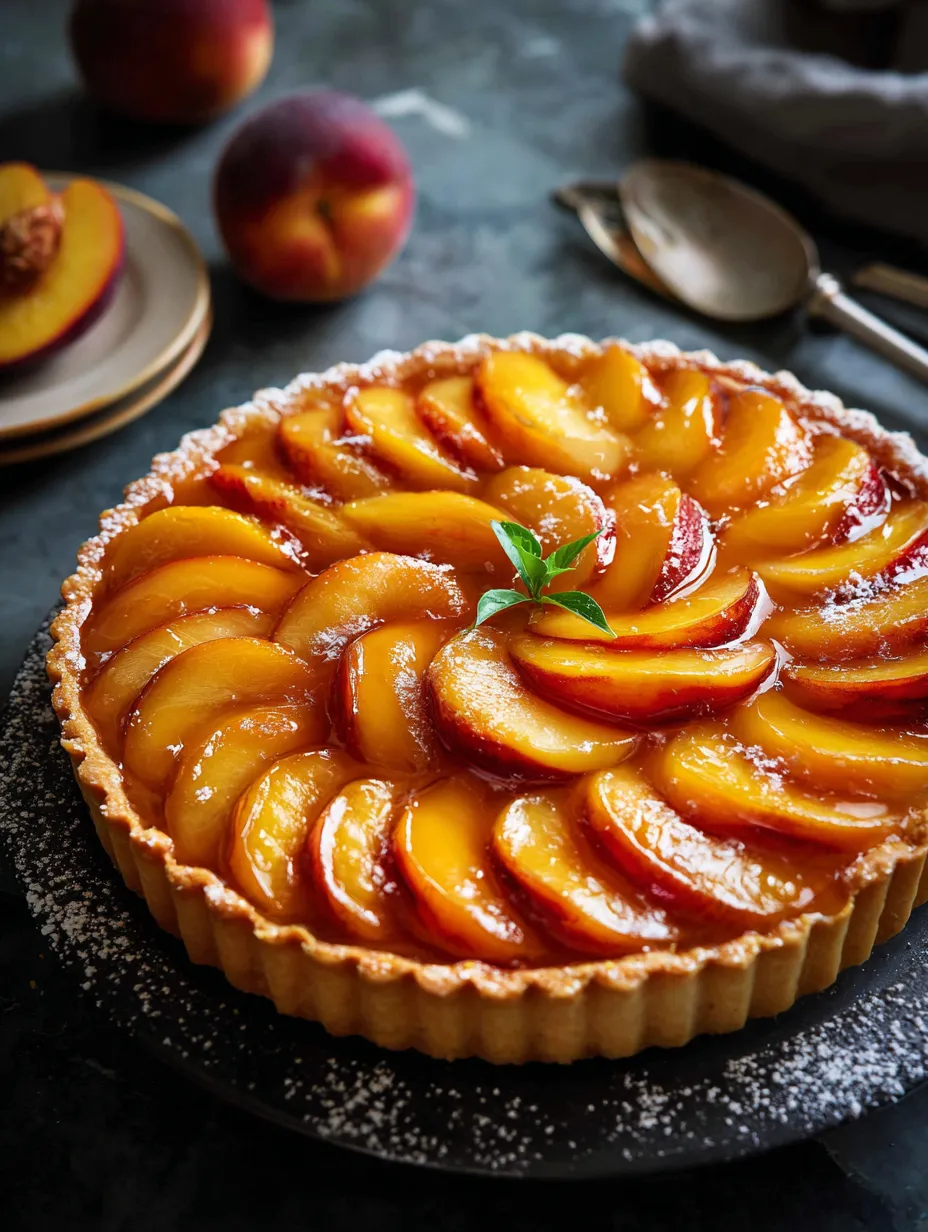A pie with peaches and a leaf on top.