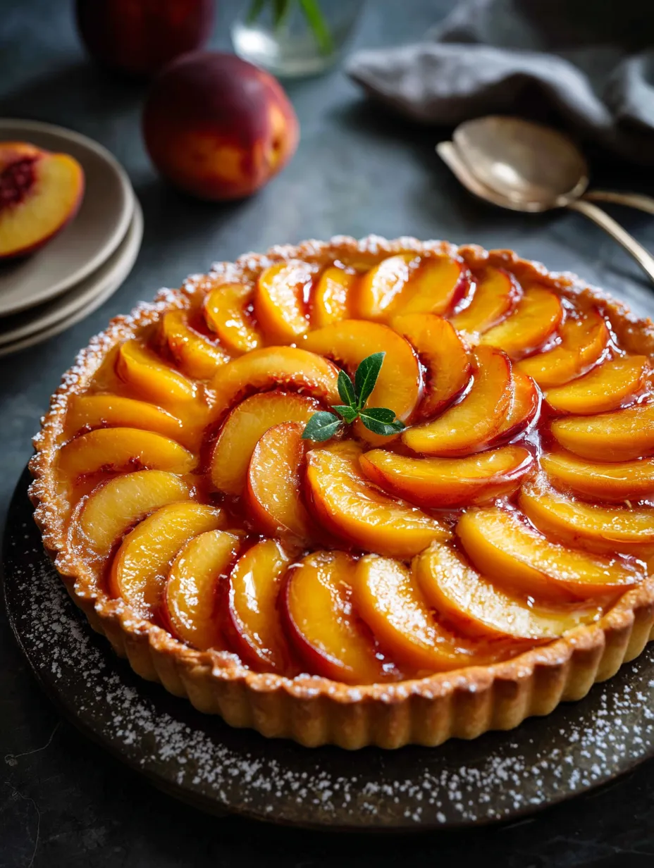 A pie with a peach on top.