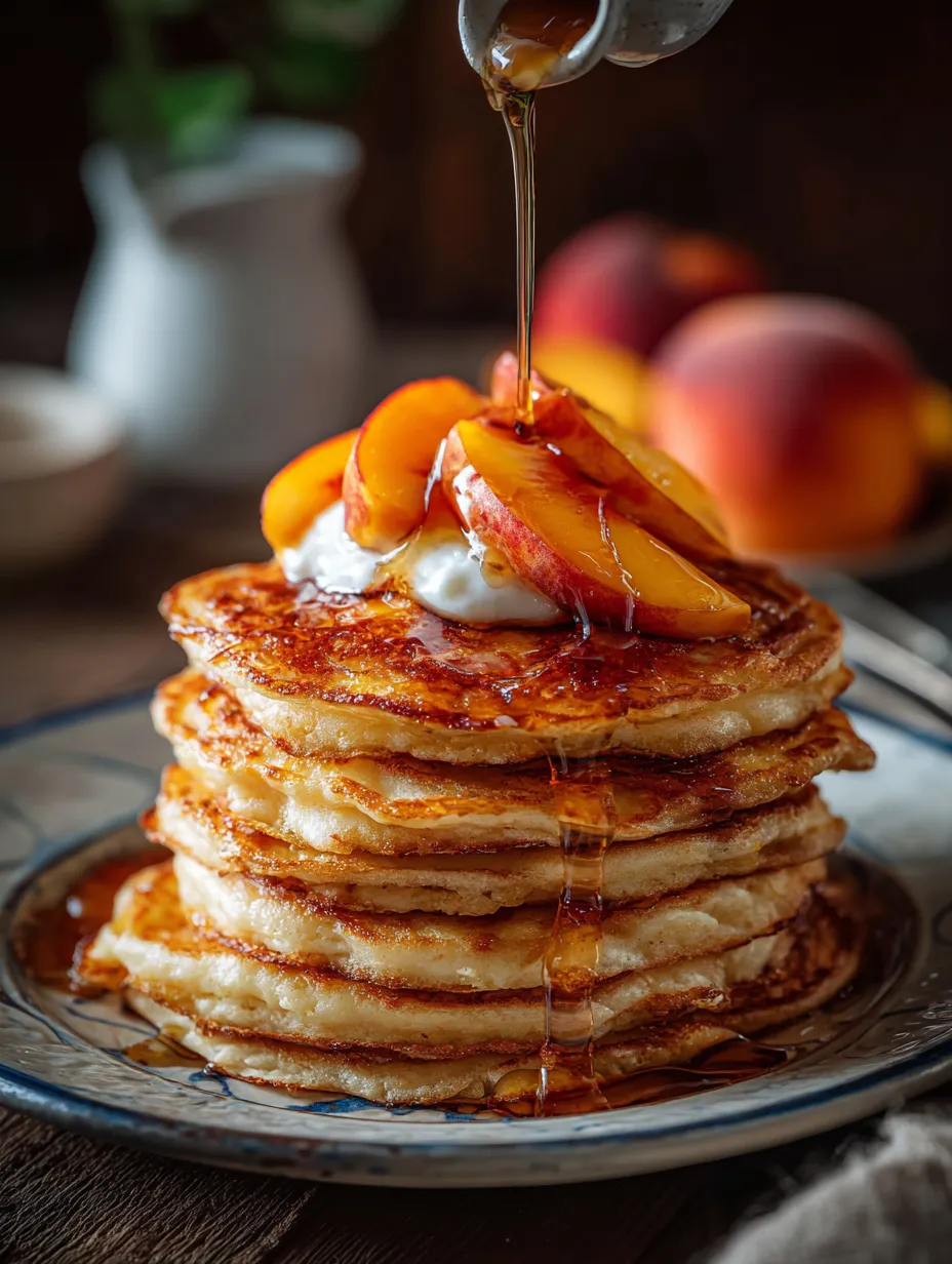 A stack of pancakes with peaches on top.