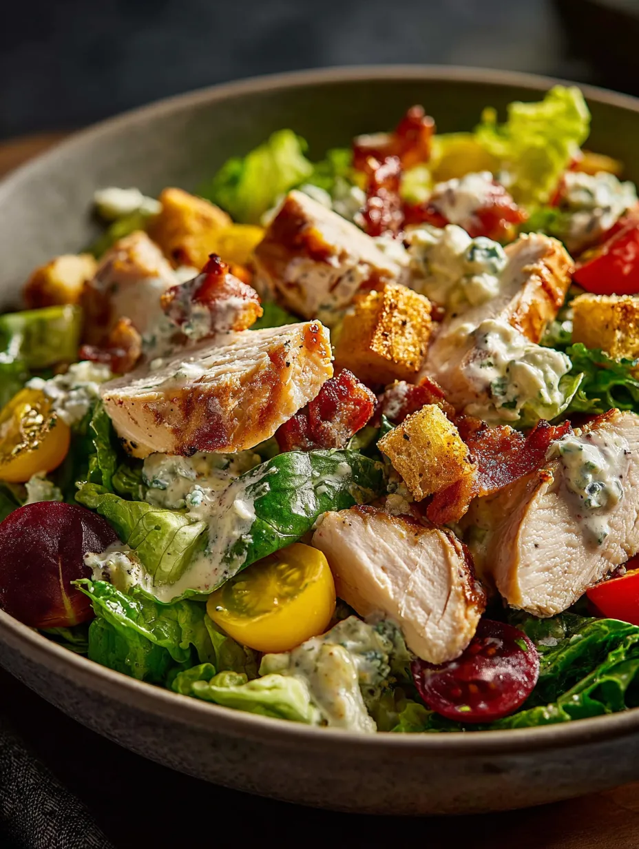 A bowl of salad with chicken, tomatoes, lettuce, and blue cheese.