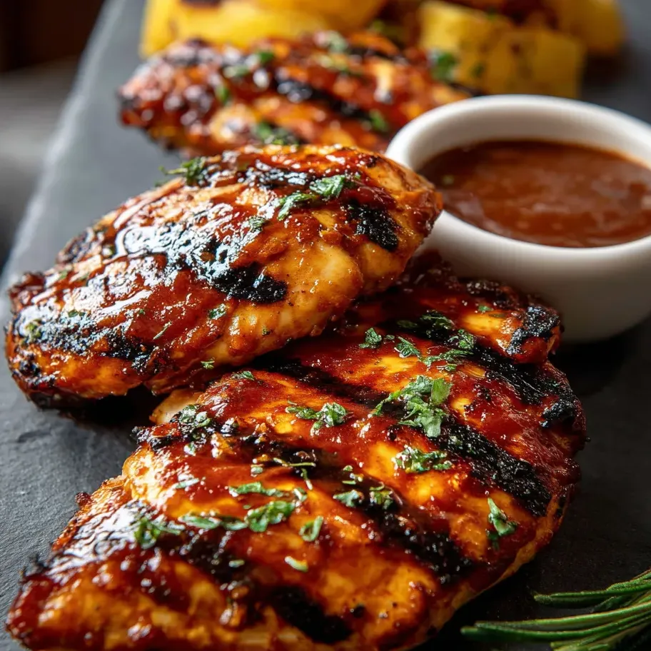 Chicken with sauce on a plate.