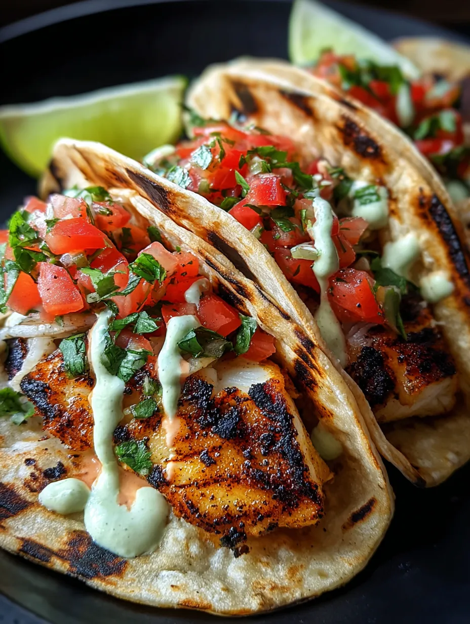 Two fish tacos with tomatoes and lime.