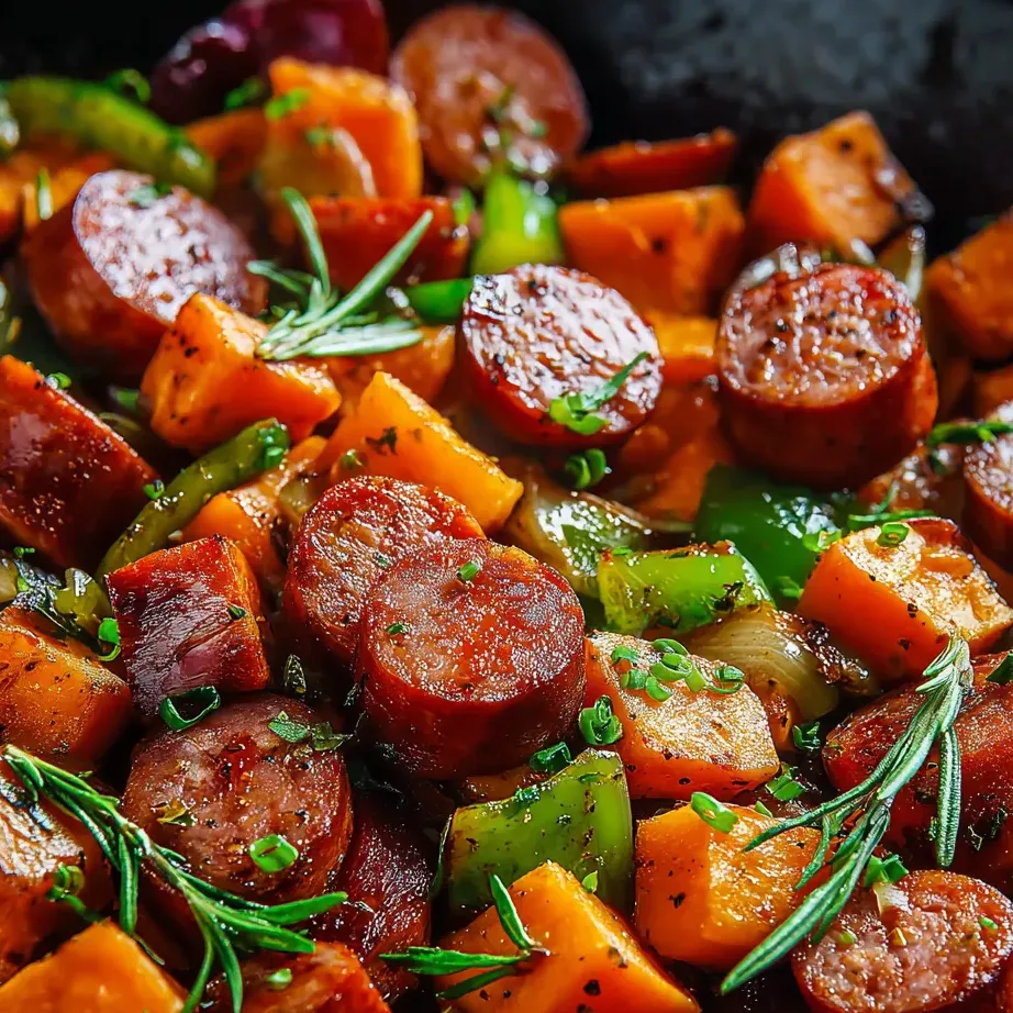 A close up of a delicious sausage and vegetable dish.