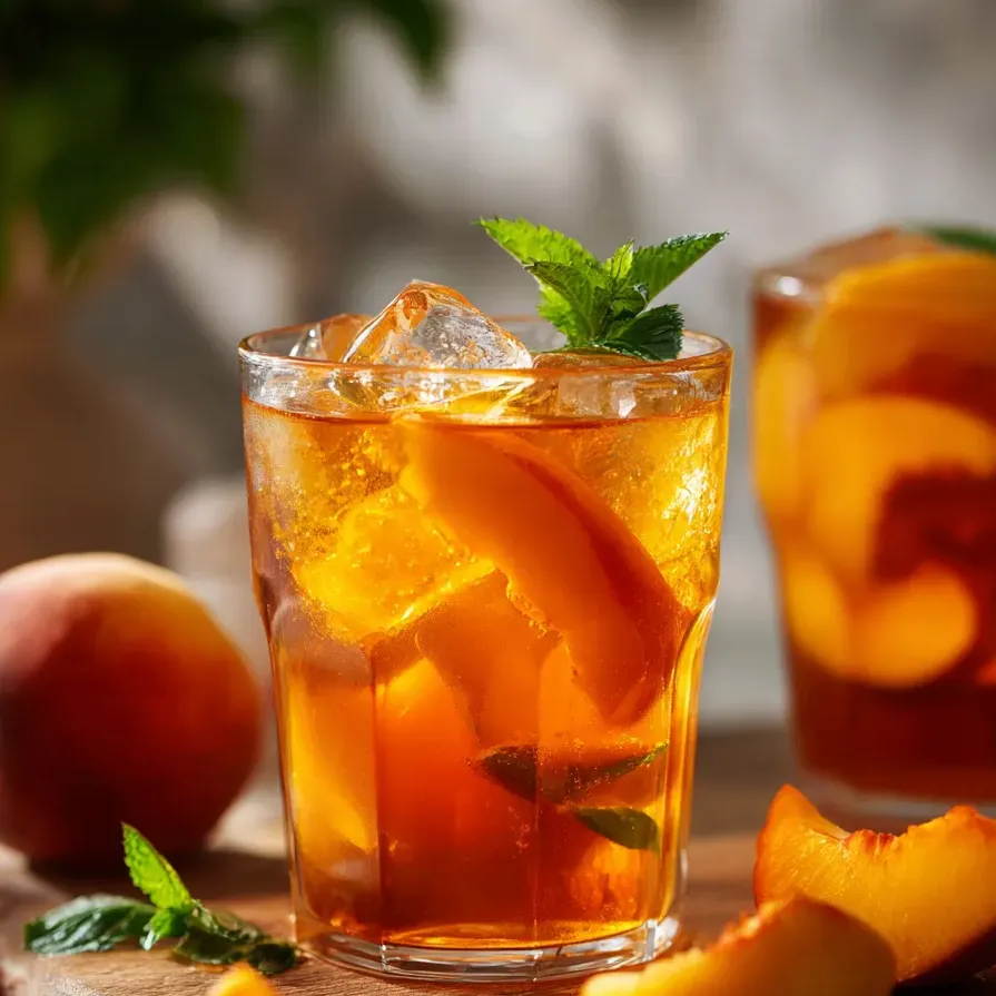 A glass of tea with a slice of peach in it.