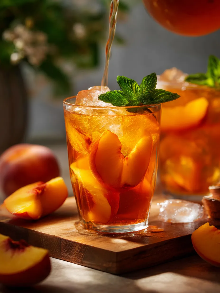 A glass of peach tea with a mint garnish.