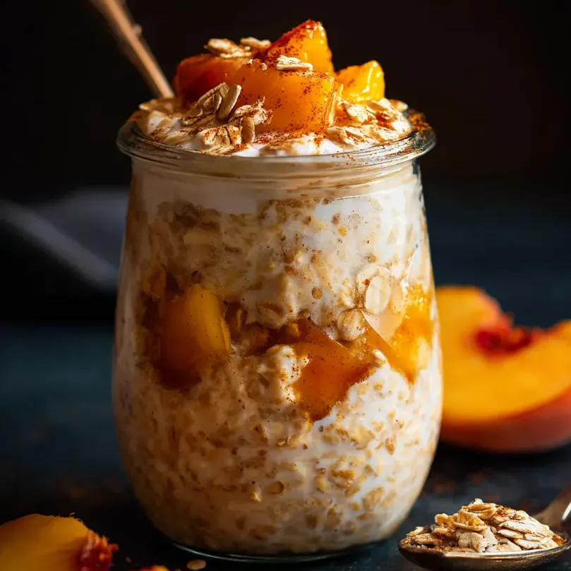 A glass jar of granola with peaches.