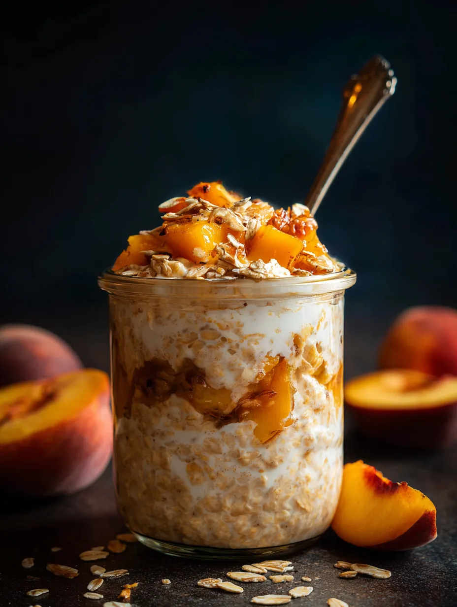 A glass jar of granola with peaches.