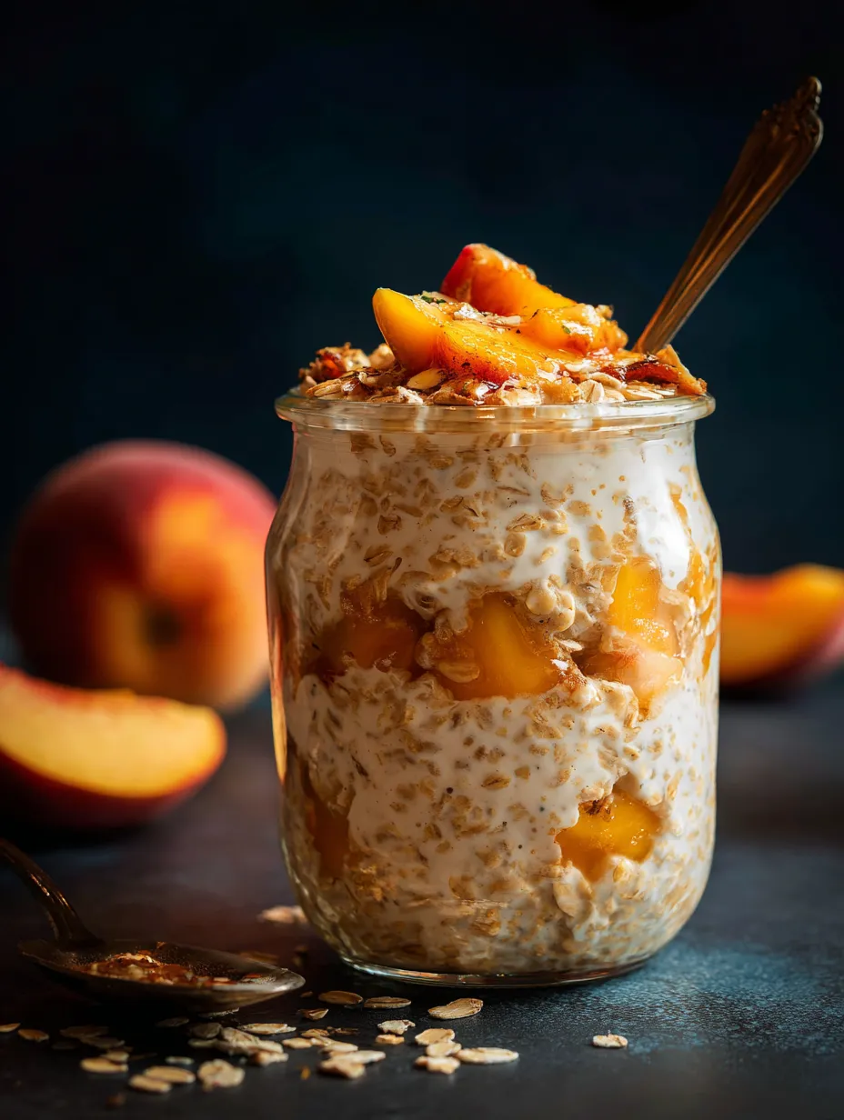 A glass jar filled with granola and peaches.