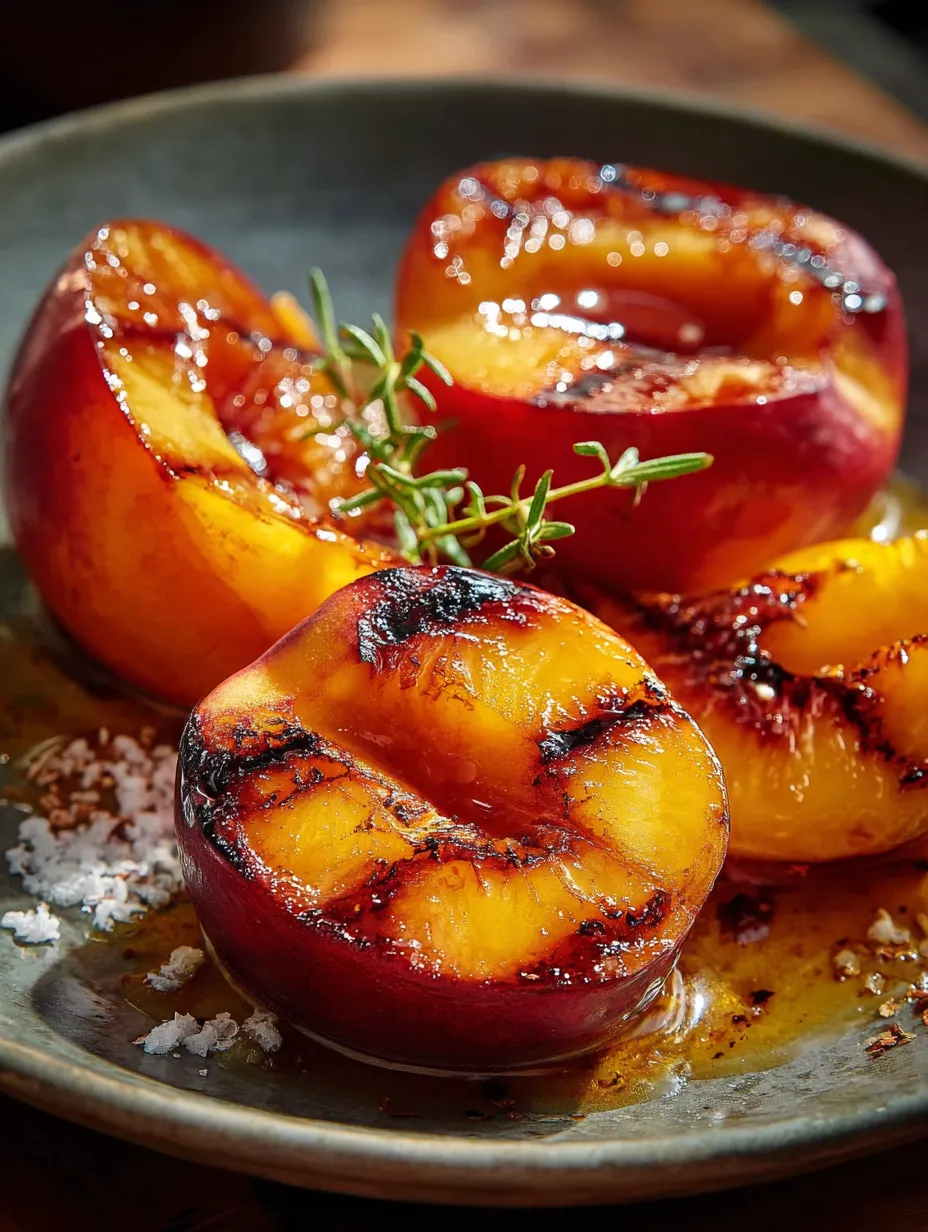 Peaches on a plate with herbs.