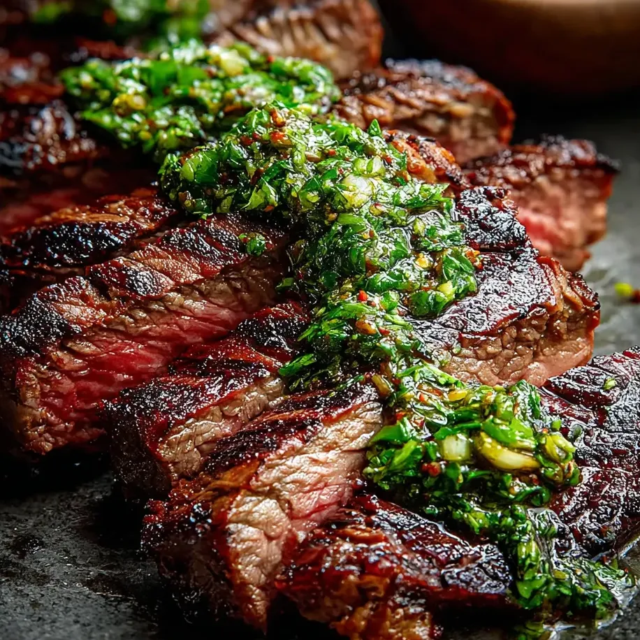 A close up of a piece of meat with green sauce on it.