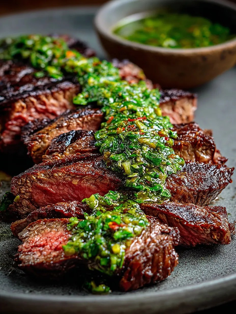 A close up of a piece of meat with a green sauce on it.