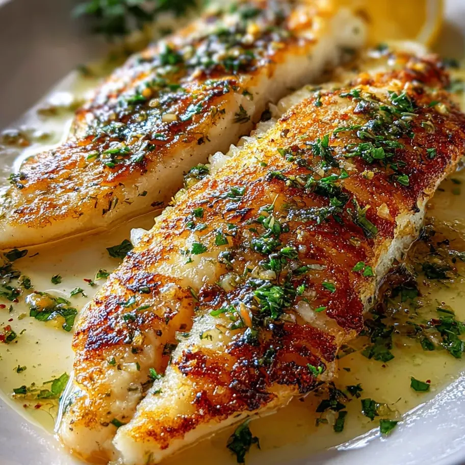 Two pieces of fish with lemon and herbs.