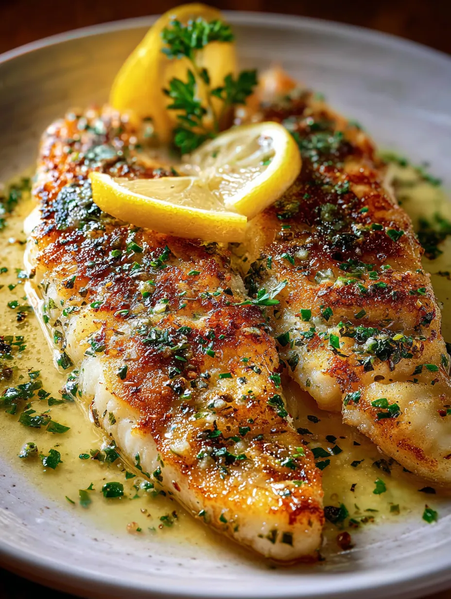 A plate of fish with lemon and herbs.
