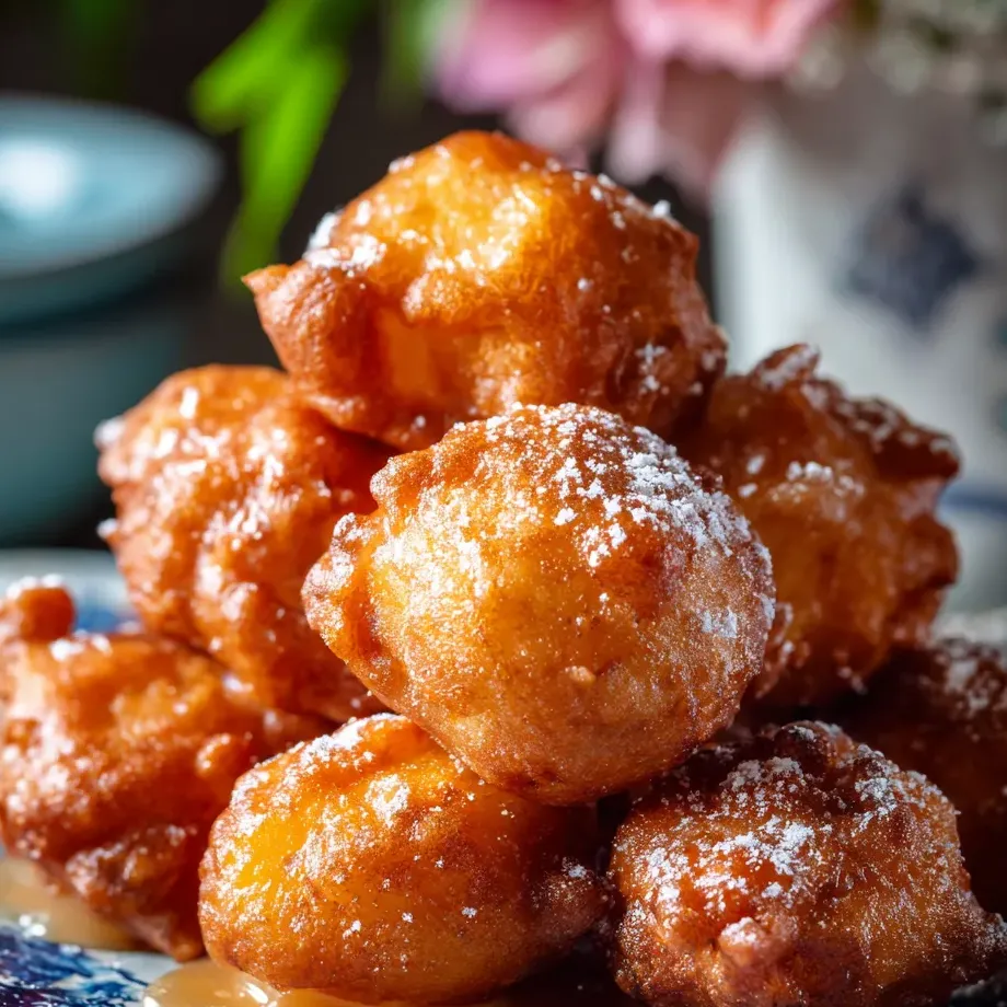 A stack of doughnuts with powdered sugar.
