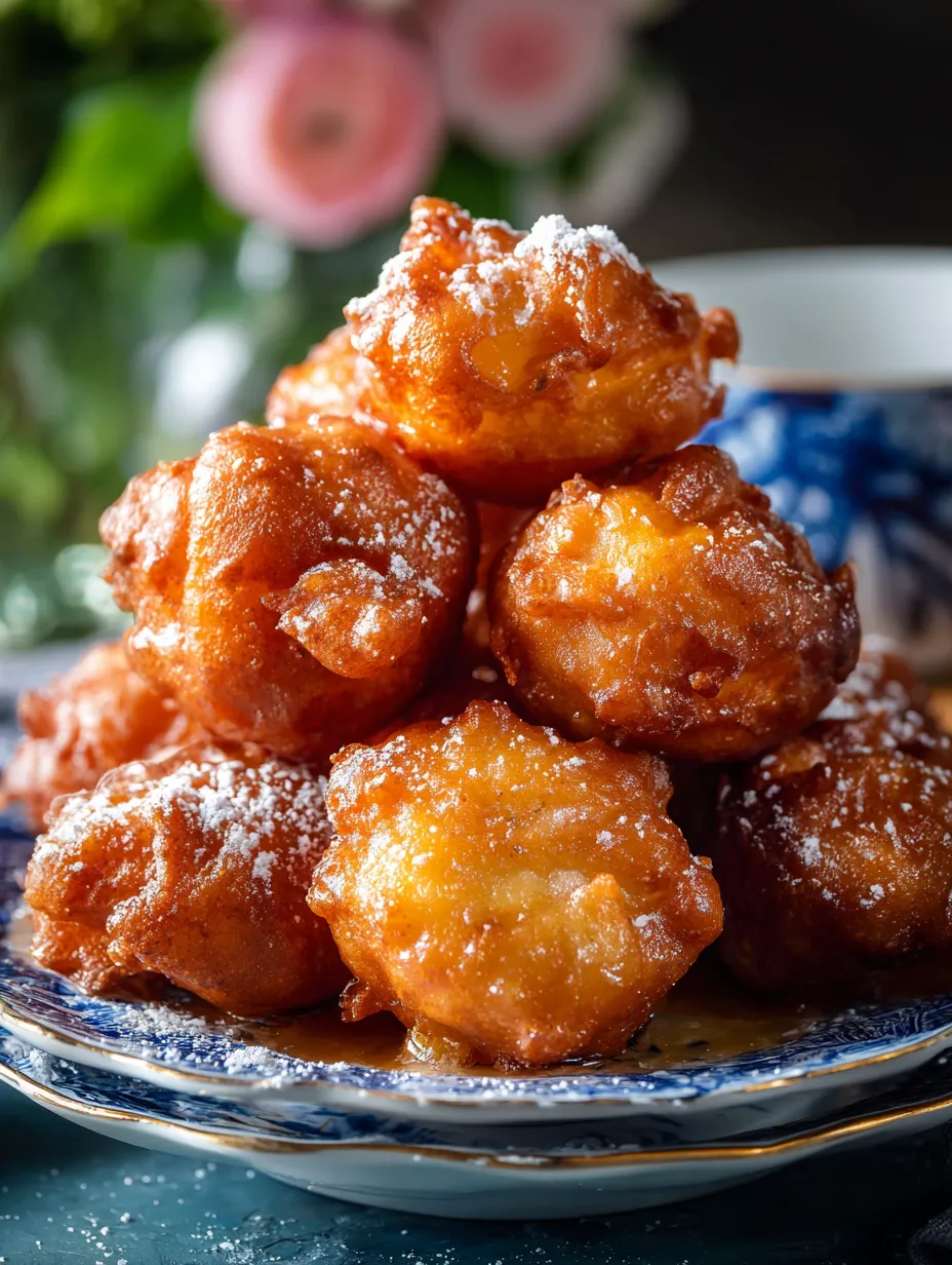 A stack of doughnuts with powdered sugar on a plate.